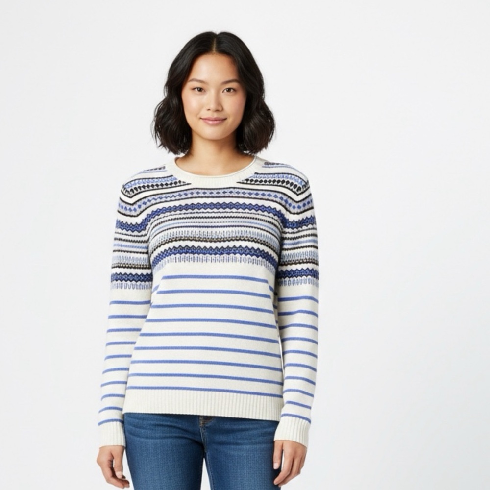 J.Crew Fair Isle Wool Sweater – Women’s Small – Cream & Blue Nordic Pullover